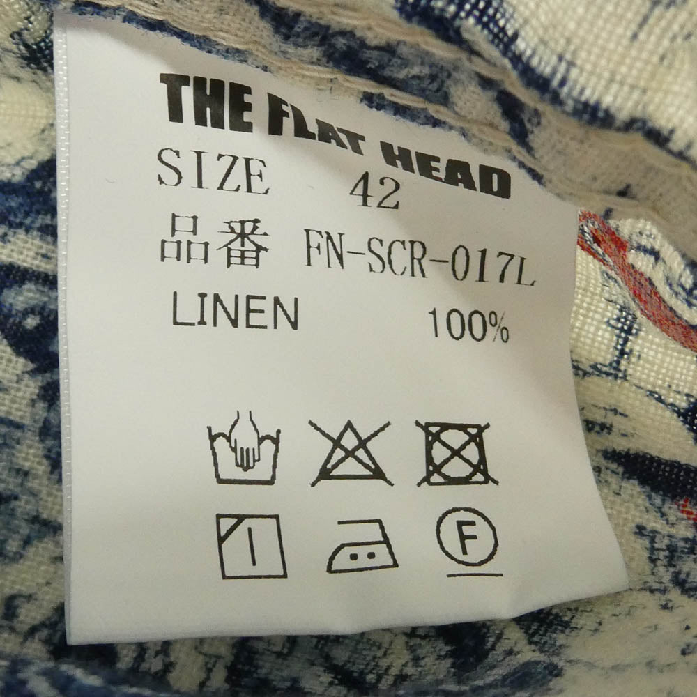 THE FLAT HEAD ザフラットヘッド FN-SCR-017L LINEN LONG SLEEVE SHIRT HYAKU TORA 百虎 総柄 オープンカラー 長袖 リネン ハワイアン シャツ ブルー系 42【新古品】【未使用】【中古】