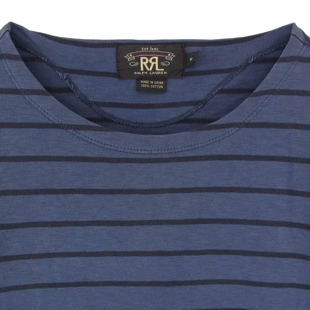 RRL ダブルアールエル ボーダー ボートネック コットン 長袖 Tシャツ カットソー ロンT バスクシャツ ネイビー系 M【中古】