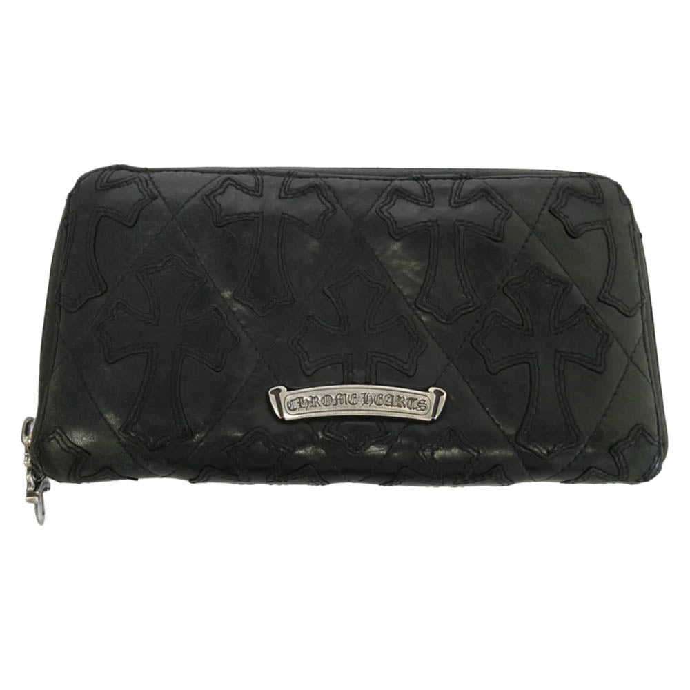 CHROME HEARTS クロムハーツ（原本有） REC F ZIP QUILTED セメタリー キルティング レザー クロスパッチ ウォレット 財布 ブラック系【中古】
