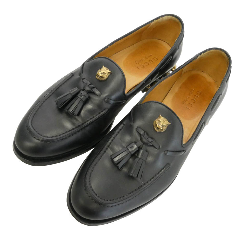 GUCCI グッチ 437355 レザー キャットエンブレム スタッズ パール タッセル ローファー シューズ ブラック系 ゴールド系 7.5【中古】