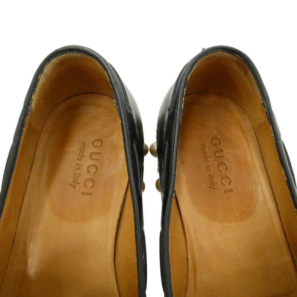 GUCCI グッチ 437355 レザー キャットエンブレム スタッズ パール タッセル ローファー シューズ ブラック系 ゴールド系 7.5【中古】