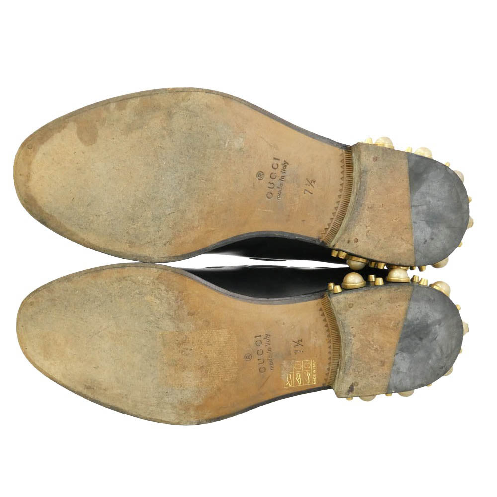 GUCCI グッチ 437355 レザー キャットエンブレム スタッズ パール タッセル ローファー シューズ ブラック系 ゴールド系 7.5【中古】