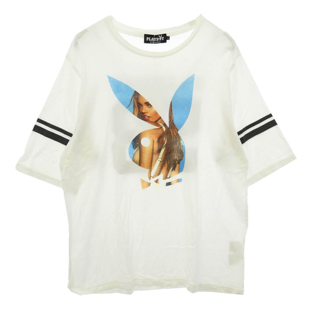 HYSTERIC GLAMOUR ヒステリックグラマー PLAYBOY プレイボーイ 19AW 12193CT01 × PLAYBOY MISS YOLI LARA プレイボーイ グラフィック プリント コットン 五分袖 Tシャツ ホワイト系 L【中古】