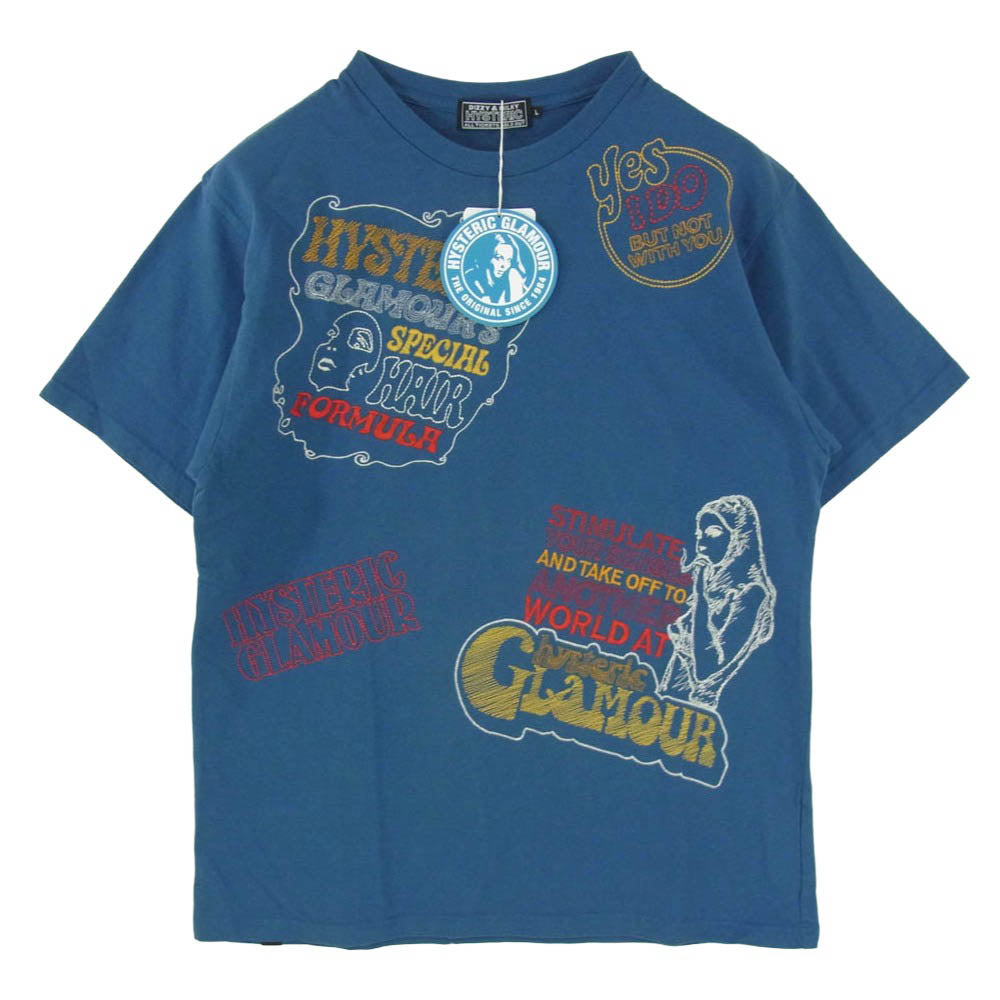 HYSTERIC GLAMOUR ヒステリックグラマー 26AW 02263CT03 HYSTERIC SCRATCH グラフィック 刺繍 コットン 半袖 Tシャツ カットソー ブルー系 L【極上美品】【中古】
