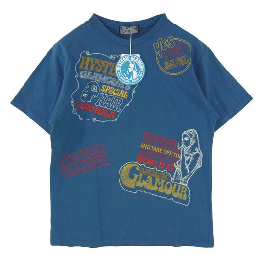 HYSTERIC GLAMOUR ヒステリックグラマー 26AW 02263CT03 HYSTERIC SCRATCH グラフィック 刺繍 コットン 半袖 Tシャツ カットソー ブルー系 L【極上美品】【中古】
