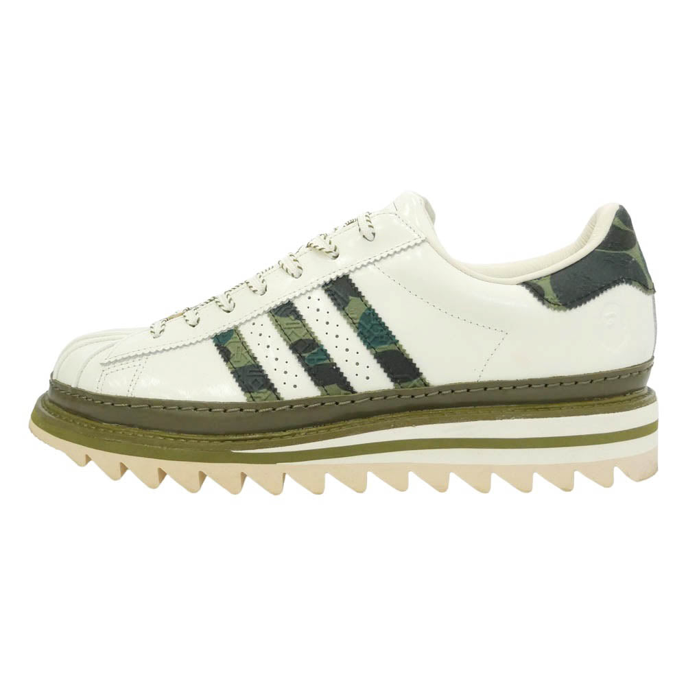 A BATHING APE アベイシングエイプ adidas アディダス 25AW KJ1473 × CLOT × adidas Superstar by Edison Chen クロット アディダス スーパースター バイ エディソン チャン グリーンカモ シャークソール ローカット スニーカー ホワイト系 カーキ系 29cm【美品】【中古】