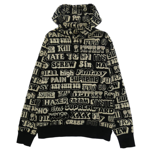 Supreme シュプリーム HYSTERIC GLAMOUR ヒステリックグラマー 17AW Text Hooded Sweatshirt テキスト 総柄 プリント プルオーバー スウェット パーカー ブラック系 ホワイト系 S【中古】