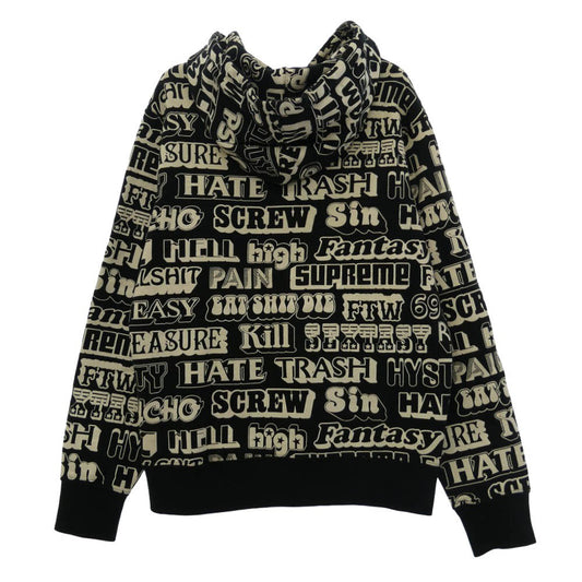 Supreme シュプリーム HYSTERIC GLAMOUR ヒステリックグラマー 17AW Text Hooded Sweatshirt テキスト 総柄 プリント プルオーバー スウェット パーカー ブラック系 ホワイト系 S【中古】