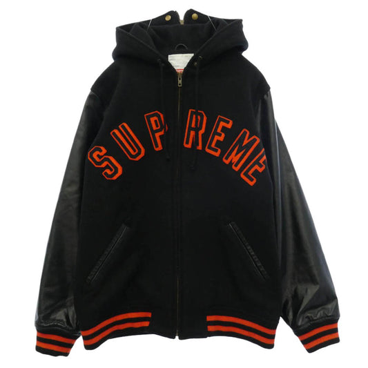 Supreme シュプリーム 12AW Hooded Varsity Jacket アーチロゴ ワッペン フーデッド 袖レザー メルトン バーシティ ジャケット セーラーパーカー ブラック系 L【中古】