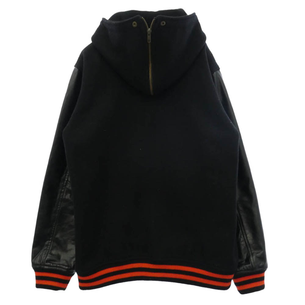 Supreme シュプリーム 12AW Hooded Varsity Jacket アーチロゴ ワッペン フーデッド 袖レザー メルトン バーシティ ジャケット セーラーパーカー ブラック系 L【中古】