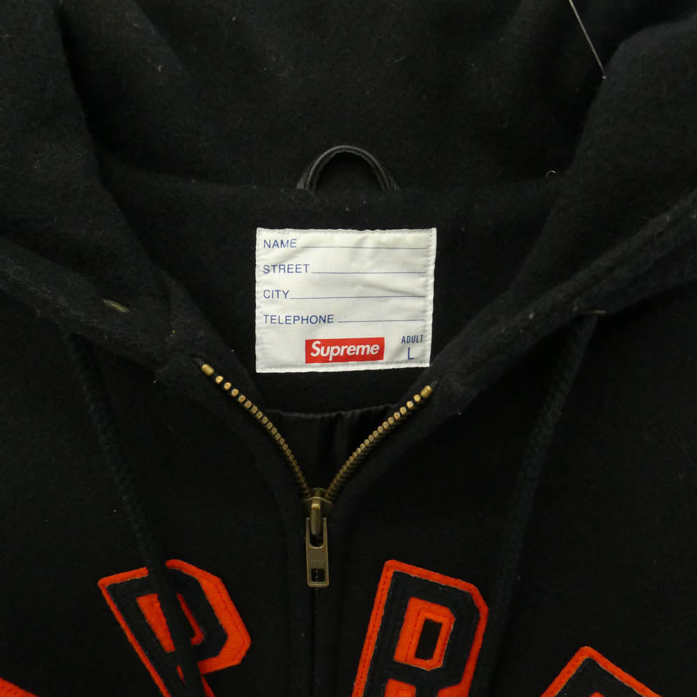Supreme シュプリーム 12AW Hooded Varsity Jacket アーチロゴ ワッペン フーデッド 袖レザー メルトン バーシティ ジャケット セーラーパーカー ブラック系 L【中古】