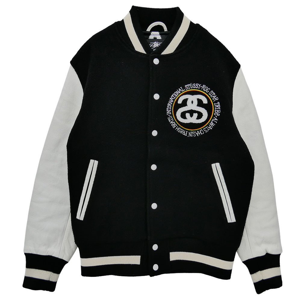 STUSSY ステューシー ROCSTAR ロックスター 10AW x ROC STAR Tribe Varsity Jacket ロックスター トライブ ロゴ ワッペン バーシティ ジャケット 袖レザー スタジャン ブラック系 ホワイト系 S【中古】