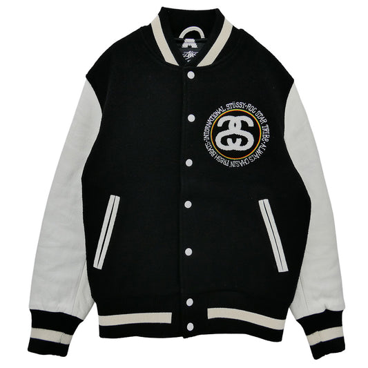 STUSSY ステューシー ROCSTAR ロックスター 10AW x ROC STAR Tribe Varsity Jacket ロックスター トライブ ロゴ ワッペン バーシティ ジャケット 袖レザー スタジャン ブラック系 ホワイト系 S【中古】
