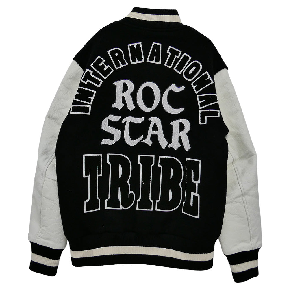 STUSSY ステューシー ROCSTAR ロックスター 10AW x ROC STAR Tribe Varsity Jacket ロックスター トライブ ロゴ ワッペン バーシティ ジャケット 袖レザー スタジャン ブラック系 ホワイト系 S【中古】