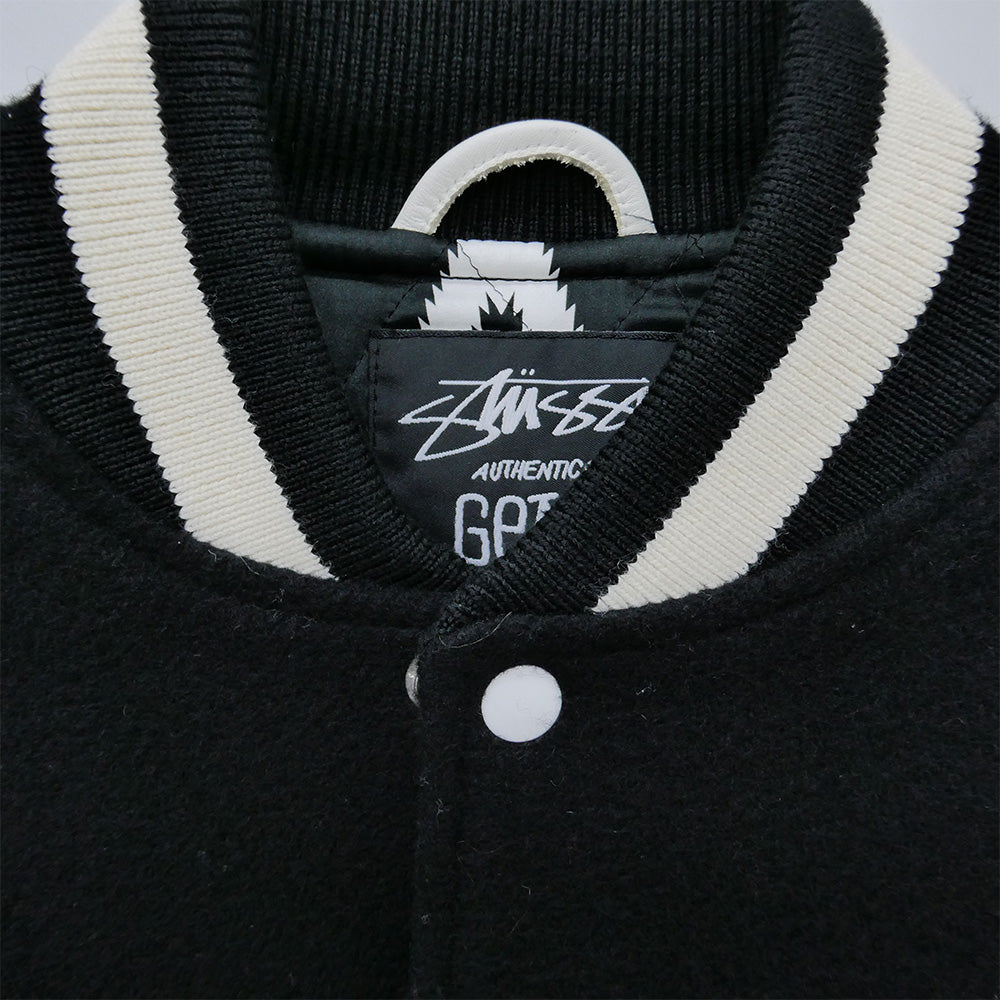 STUSSY ステューシー ROCSTAR ロックスター 10AW x ROC STAR Tribe Varsity Jacket ロックスター トライブ ロゴ ワッペン バーシティ ジャケット 袖レザー スタジャン ブラック系 ホワイト系 S【中古】