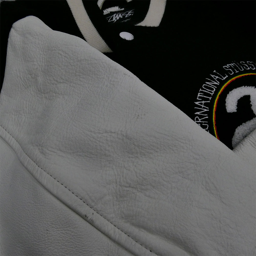 STUSSY ステューシー ROCSTAR ロックスター 10AW x ROC STAR Tribe Varsity Jacket ロックスター トライブ ロゴ ワッペン バーシティ ジャケット 袖レザー スタジャン ブラック系 ホワイト系 S【中古】