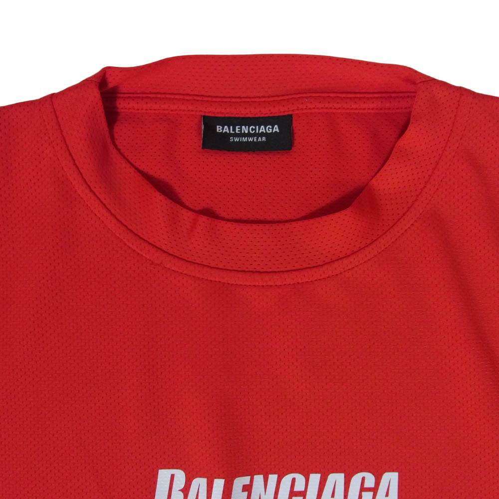 BALENCIAGA バレンシアガ 23SS 657027 4B8B5 SWIMWEAR MESH スイムウェア メッシュ ロゴ 半袖 Tシャツ カットソー レッド系 L【中古】