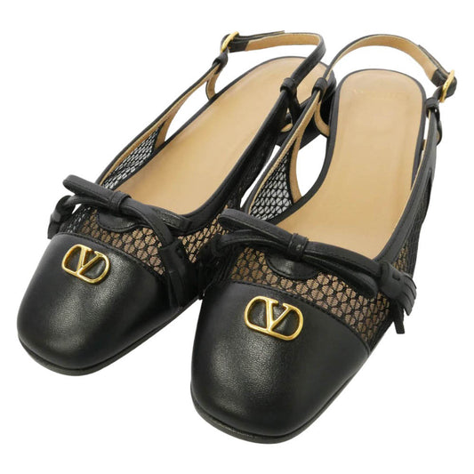 VALENTINO ヴァレンティノ 26SS 8W2S0MH0 BALLERINA ロゴスタッズ メッシュレザー切替 バレリーナ シューズ パンプス ブラック系 35【新古品】【未使用】【中古】
