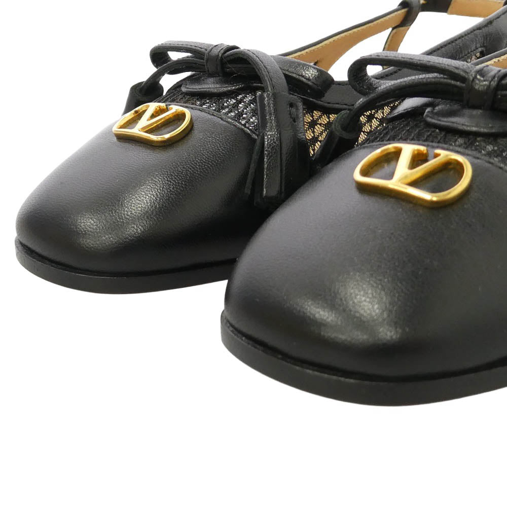 VALENTINO ヴァレンティノ 26SS 8W2S0MH0 BALLERINA ロゴスタッズ メッシュレザー切替 バレリーナ シューズ パンプス ブラック系 35【新古品】【未使用】【中古】