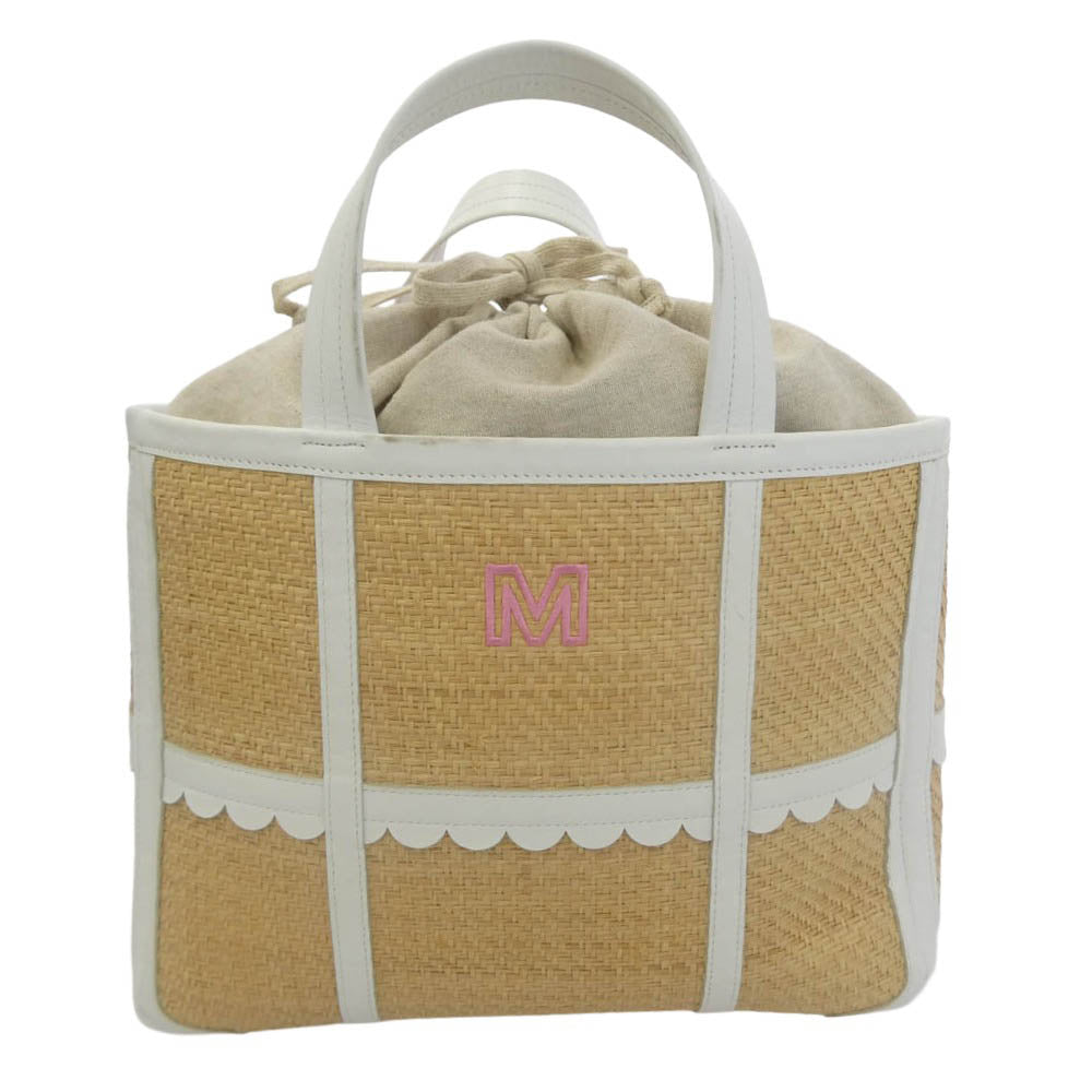 LUDLOW ラドロー Scalloped leather trimmed raffia tote スカラップ レザー ラフィア トリム トート バッグ イニシャル刺繍入り ライトブラウン系 ホワイト系【中古】