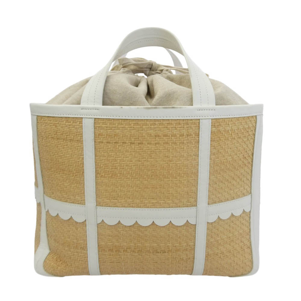 LUDLOW ラドロー Scalloped leather trimmed raffia tote スカラップ レザー ラフィア トリム トート バッグ イニシャル刺繍入り ライトブラウン系 ホワイト系【中古】