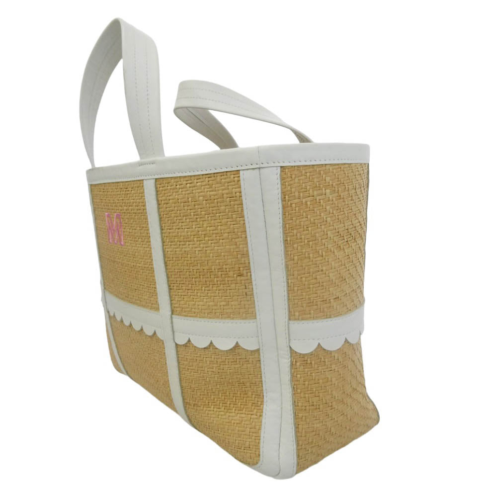 LUDLOW ラドロー Scalloped leather trimmed raffia tote スカラップ レザー ラフィア トリム トート バッグ イニシャル刺繍入り ライトブラウン系 ホワイト系【中古】