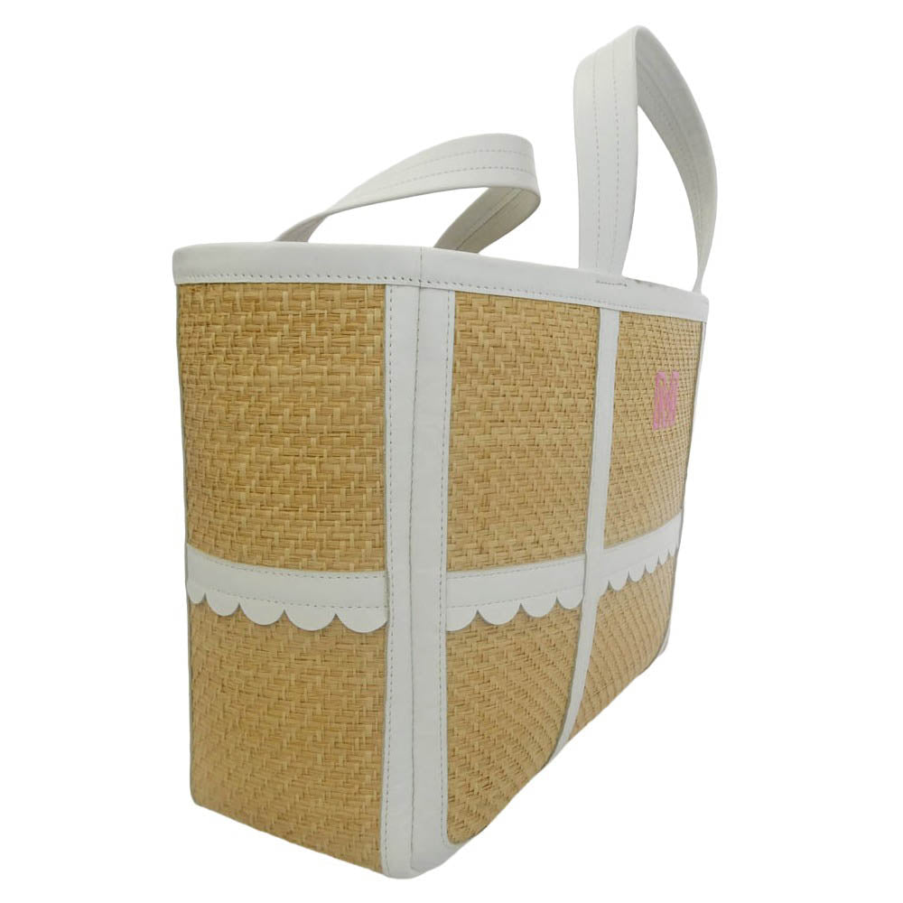 LUDLOW ラドロー Scalloped leather trimmed raffia tote スカラップ レザー ラフィア トリム トート バッグ イニシャル刺繍入り ライトブラウン系 ホワイト系【中古】
