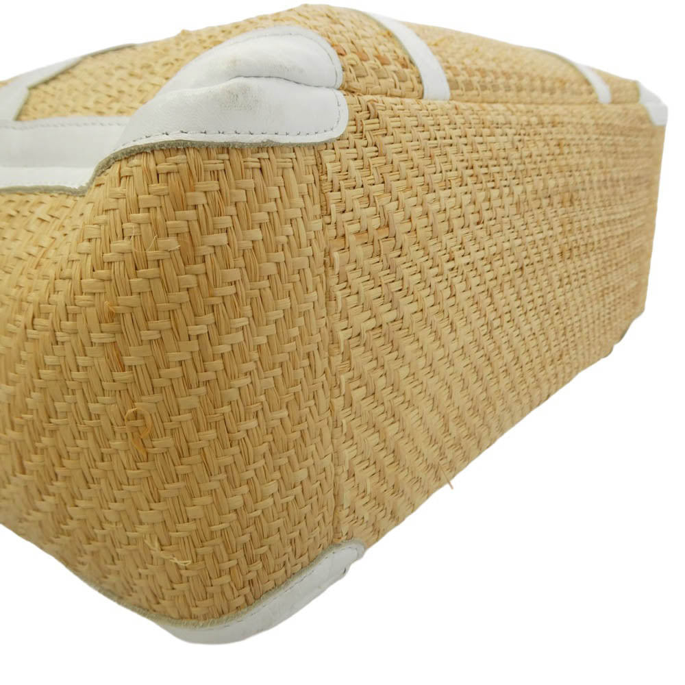 LUDLOW ラドロー Scalloped leather trimmed raffia tote スカラップ レザー ラフィア トリム トート バッグ イニシャル刺繍入り ライトブラウン系 ホワイト系【中古】