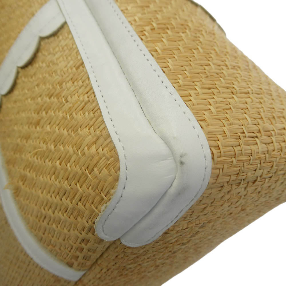 LUDLOW ラドロー Scalloped leather trimmed raffia tote スカラップ レザー ラフィア トリム トート バッグ イニシャル刺繍入り ライトブラウン系 ホワイト系【中古】