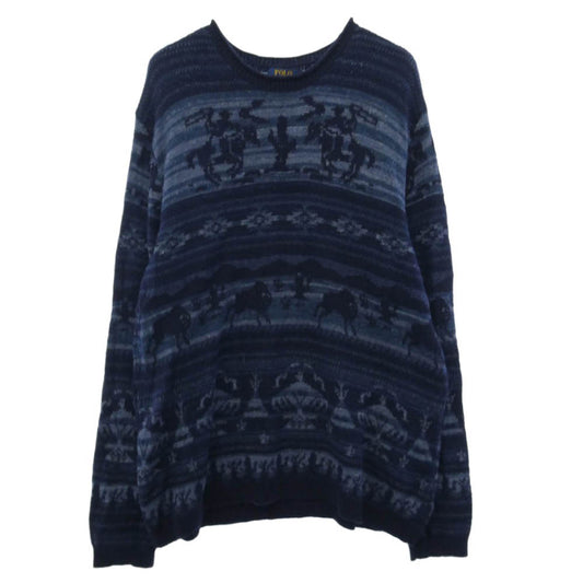 POLO RALPH LAUREN ポロ・ラルフローレン インディゴ ネイティブ柄 総柄 クルー ニット ネイビー系 XXL【中古】