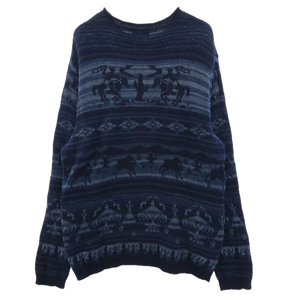 POLO RALPH LAUREN ポロ・ラルフローレン インディゴ ネイティブ柄 総柄 クルー ニット ネイビー系 XXL【中古】