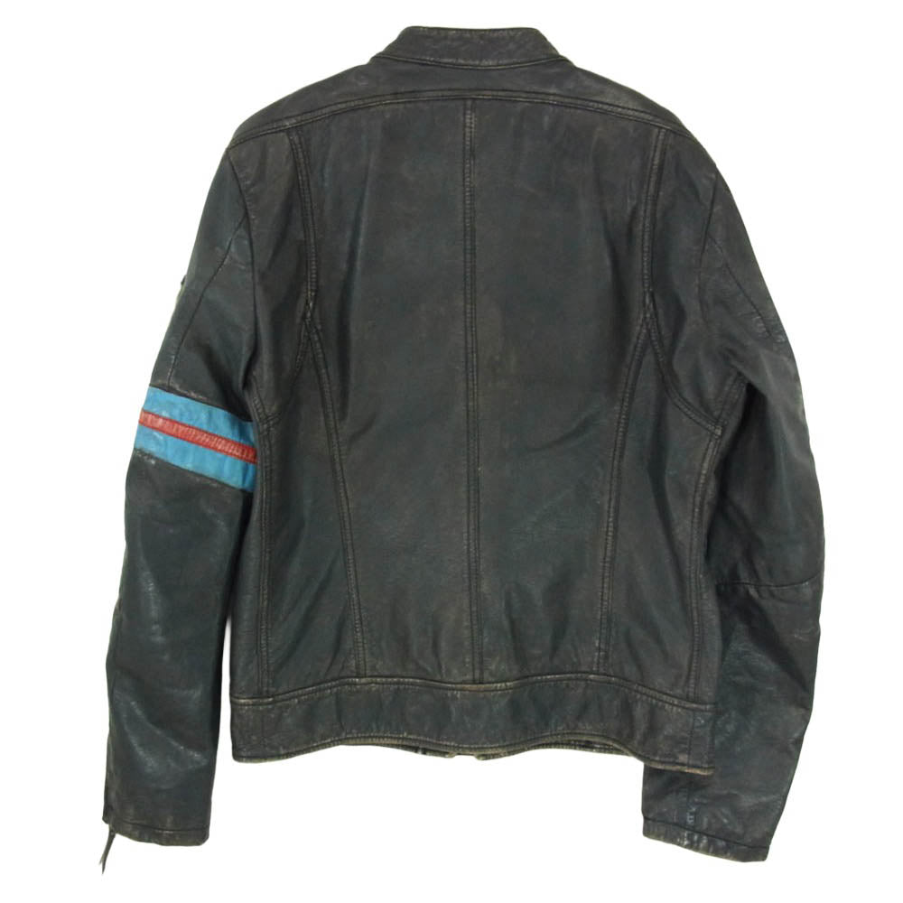 DIESEL ディーゼル 00s レーシング ストライプ ラムレザー シングル ライダース ジップアップ レザージャケット ブラック系 ライトブルー系 M【中古】