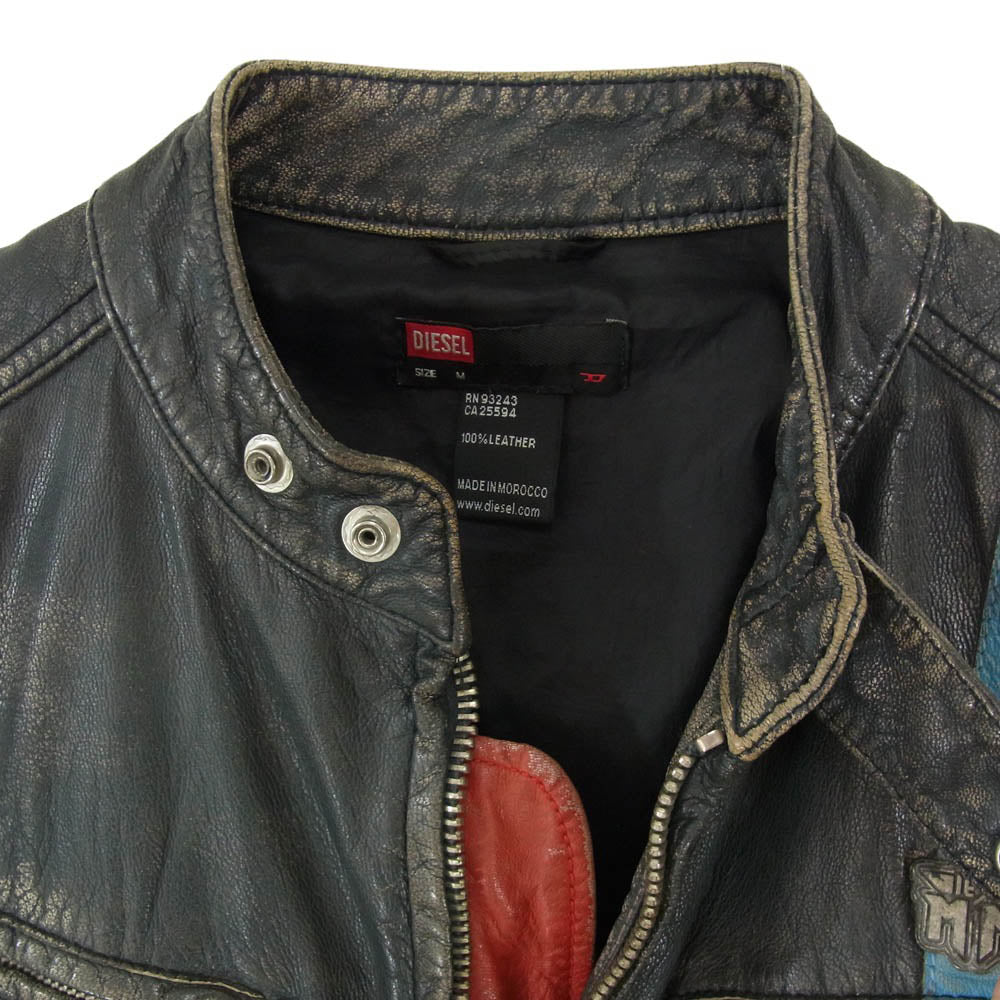 DIESEL ディーゼル 00s レーシング ストライプ ラムレザー シングル ライダース ジップアップ レザージャケット ブラック系 ライトブルー系 M【中古】