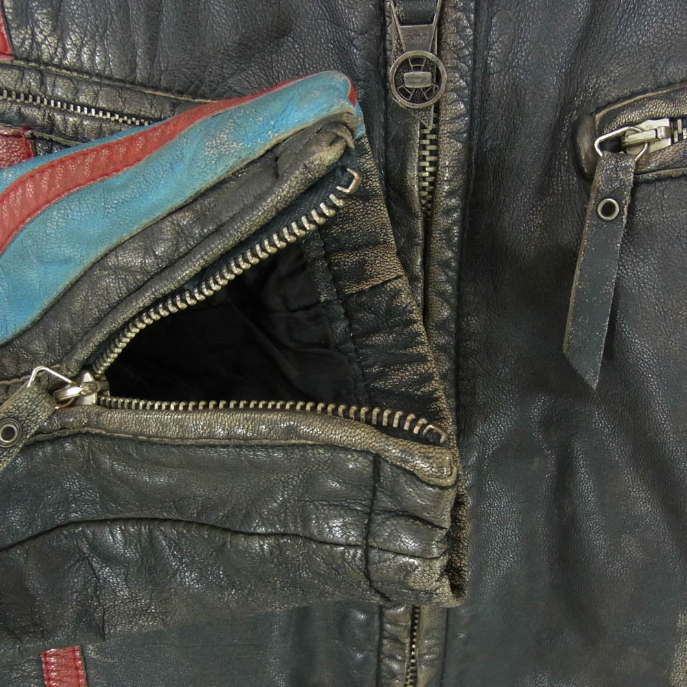 DIESEL ディーゼル 00s レーシング ストライプ ラムレザー シングル ライダース ジップアップ レザージャケット ブラック系 ライトブルー系 M【中古】