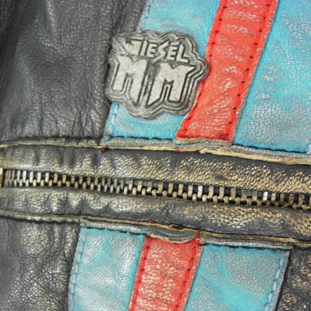 DIESEL ディーゼル 00s レーシング ストライプ ラムレザー シングル ライダース ジップアップ レザージャケット ブラック系 ライトブルー系 M【中古】
