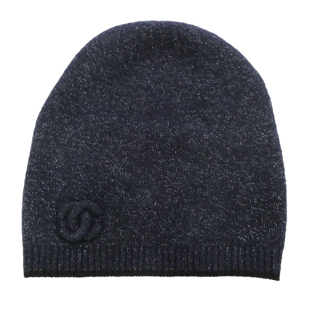 CHANEL シャネル ココマーク ラメ カシミア混 ニット キャップ 帽子 ネイビー系【中古】