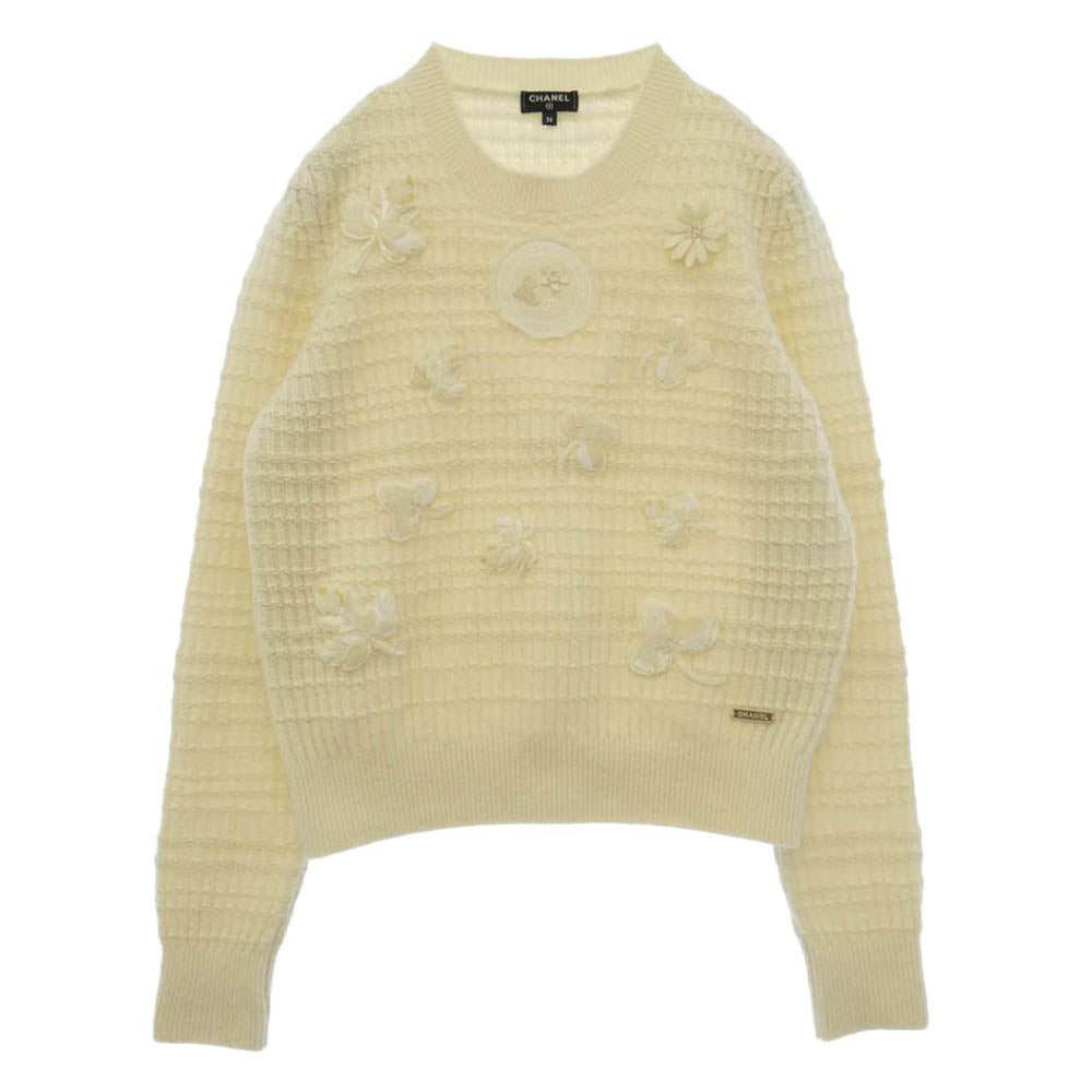 CHANEL シャネル 18AW P59732K07810 フラワー モチーフ ココマーク ロゴ カシミア混 ニット セーター アイボリー系 36【中古】