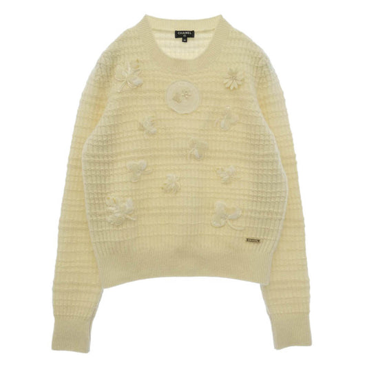 CHANEL シャネル 18AW P59732K07810 フラワー モチーフ ココマーク ロゴ カシミア混 ニット セーター アイボリー系 36【中古】