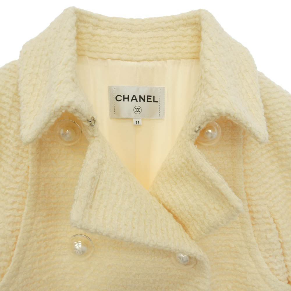 CHANEL シャネル P57660V26446 ココマークボタン ウール混 シルク混 ツイード ダブル コート オフホワイト系 38【中古】