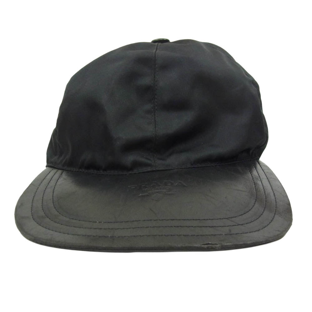 PRADA プラダ ロゴ レザー 切替 キャップ ブラック系【中古】