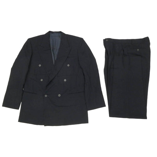 renoma レノマ 肩パット入り ウール ダブルスーツ スラックス セットアップ ダークネイビー系 50【中古】