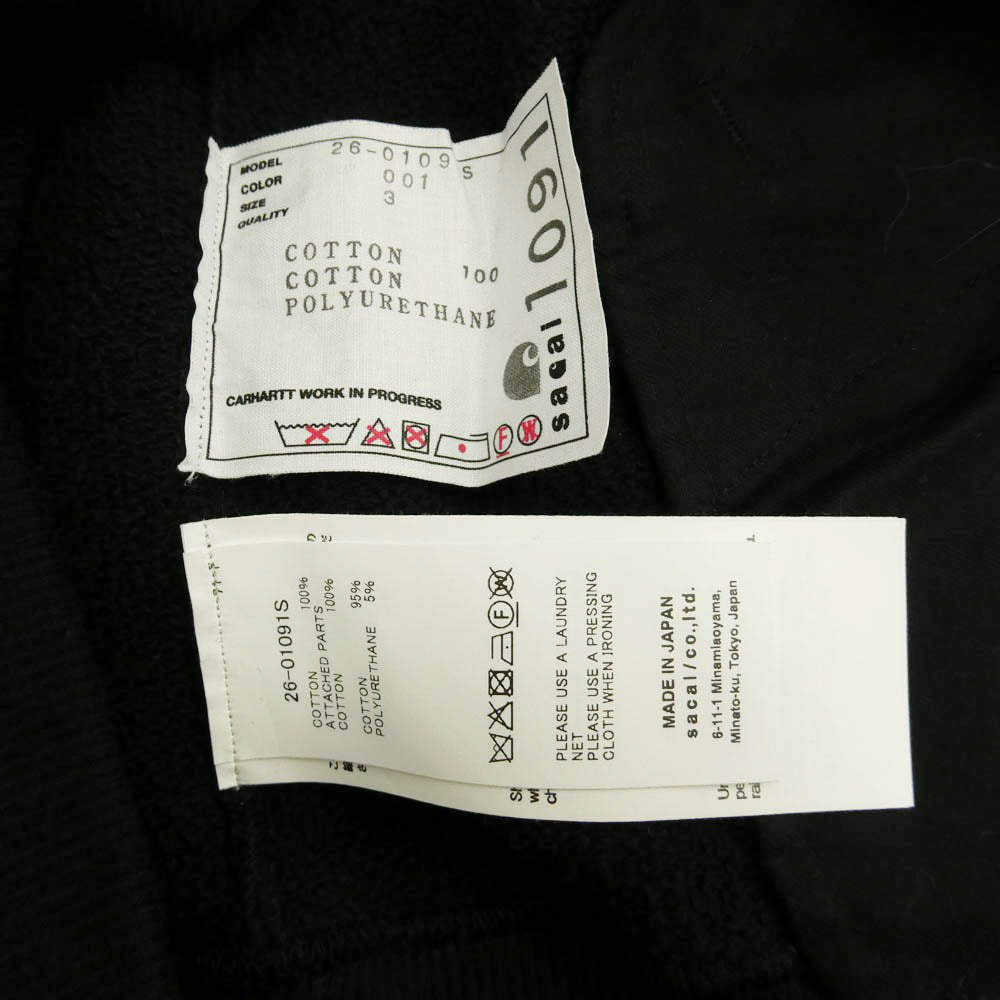 Sacai サカイ Carhartt カーハート 26SS 26-01091S x Carhartt WIP Cotton Jersey Hoodie カーハート コットン ジャージー フーディー ジップアップ パーカー ブラック系 3【中古】