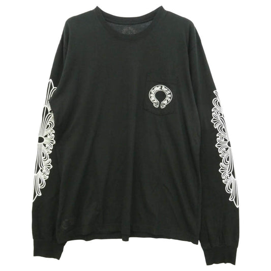 CHROME HEARTS クロムハーツ（原本無） FLOLAL CROSS HORSESHOE L/S Tee フローラルクロス バックホースシュー プリント 長袖 Tシャツ ブラック系 XL【美品】【中古】