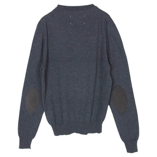 MAISON MARGIELA メゾンマルジェラ S50HA0845 S16564 14ライン 4ステッチ 四つタグ スエードレザーエルボーパッチ コットンウール クルーネック ニット セーター チャコール系 859 S【新古品】【未使用】【中古】