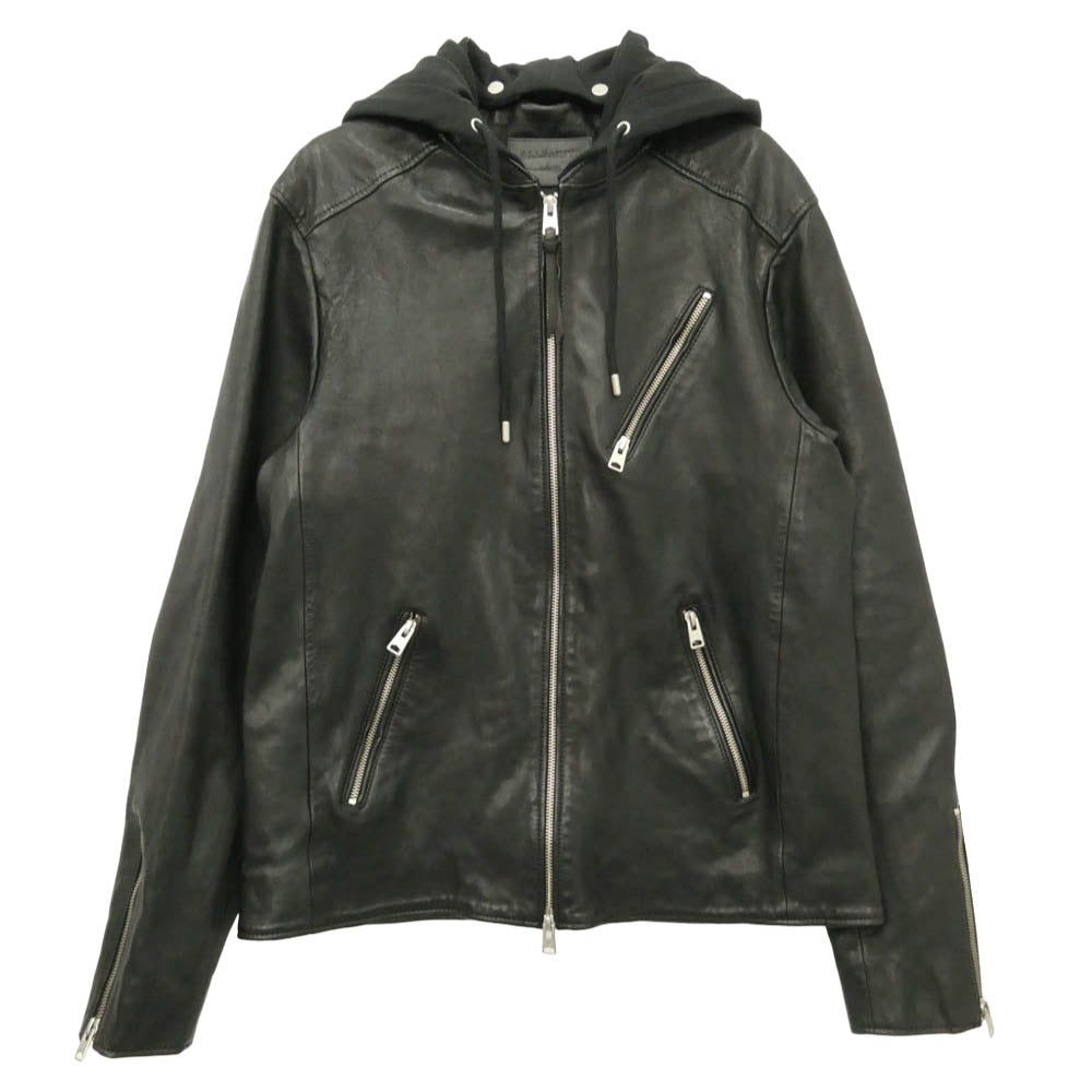 ALLSAINTS オールセインツ HARWOOD JACKET 着脱式フード付き レザー シングルライダースジャケット ブラック系 L【美品】【中古】