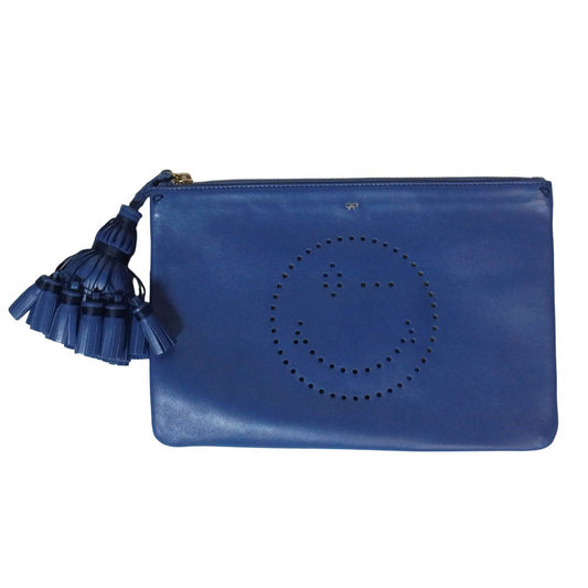 Anya Hindmarch アニヤ・ハインドマーチ レザー パンチング ウィンクスマイリー タッセル クラッチバッグ ポーチ ブルー系【中古】