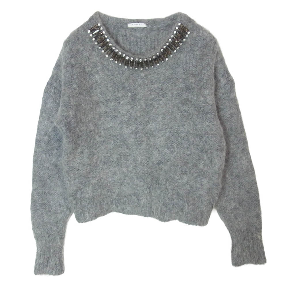 ADORE アドーア 531-270078 ビジュー付き モヘア 長袖 シャギーニット セーター グレー系 38【中古】