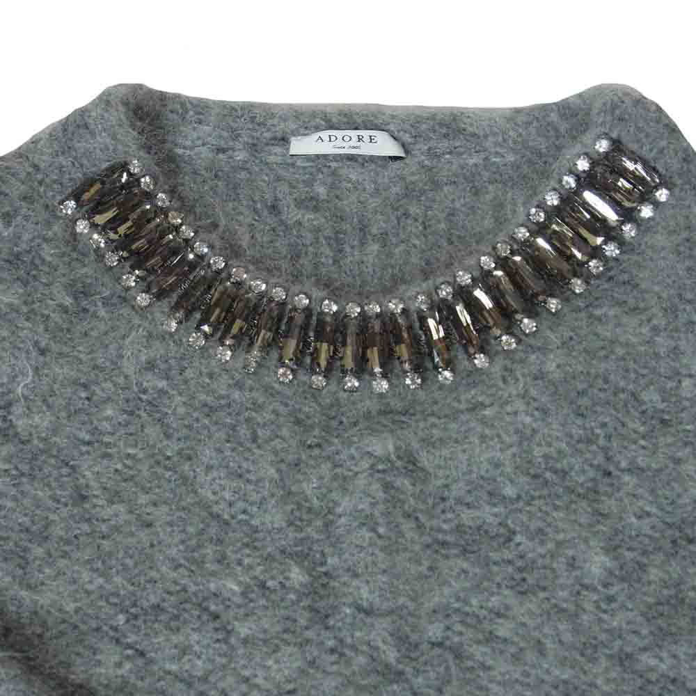 ADORE アドーア 531-270078 ビジュー付き モヘア 長袖 シャギーニット セーター グレー系 38【中古】