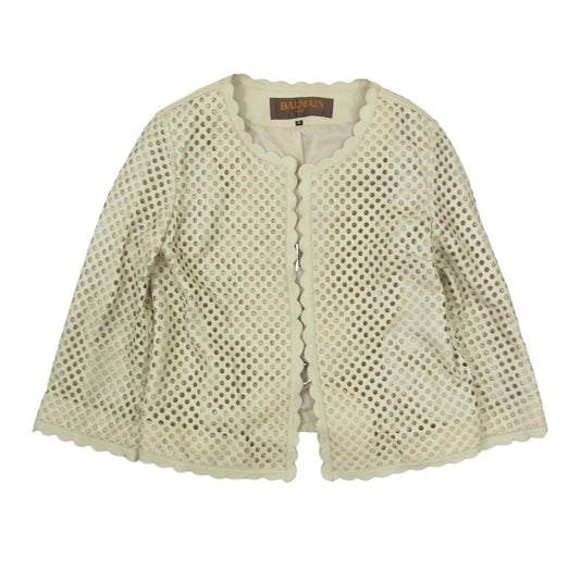 BALMAIN バルマン パンチング ラムレザー スカラップ ノーカラー レザージャケット ベージュ系 9【中古】
