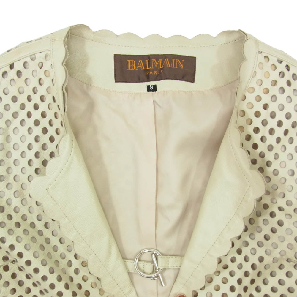 BALMAIN バルマン パンチング ラムレザー スカラップ ノーカラー レザージャケット ベージュ系 9【中古】